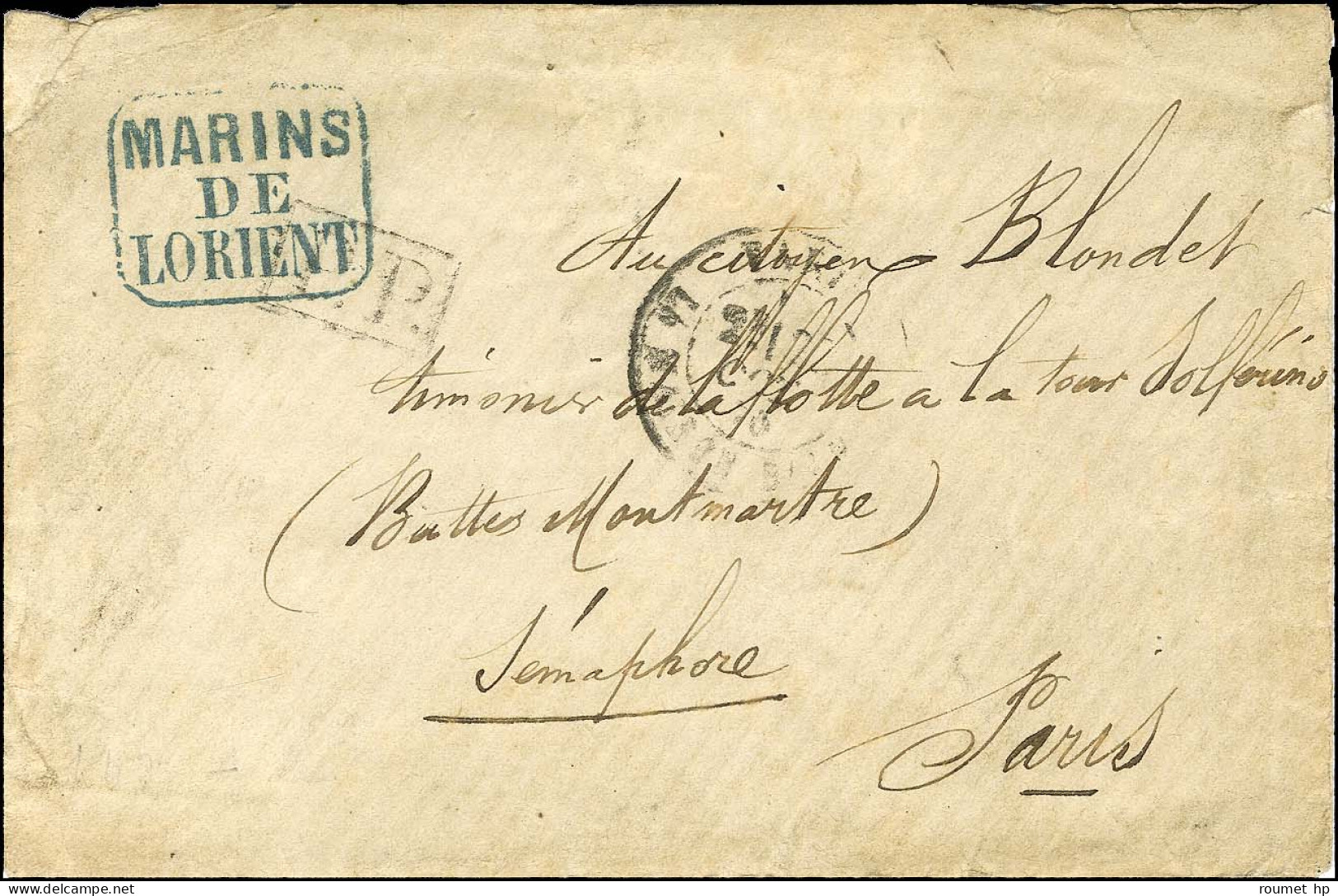 Càd PARIS / LA MAISON-BLANCHE 22 OCT. 70 + P.P. Et Griffe Bleue Encadrée MARINS DE LORIENT Sur Lettre Adressée Au Sémaph - Oorlog 1870