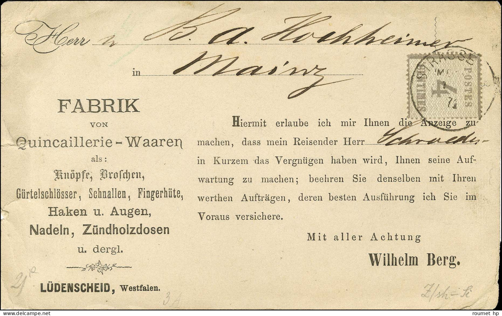 Càd STRASSBURG / IM ELSASS / Als. N° 3 Sur Carte Adressée à Découvert Pour Mayence. 1871. - TB. - R. - Covers & Documents