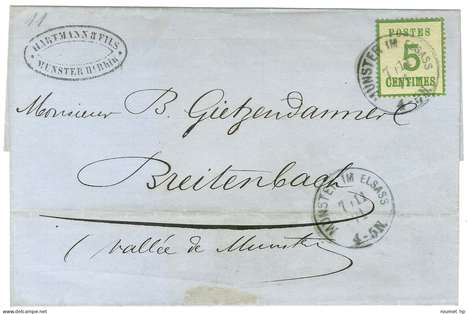 Càd MUNSTER Im ELSASS / Als. N° 4 Sur Lettre Locale. 1871. - SUP. - Covers & Documents