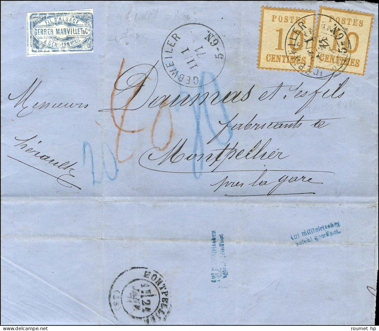 Càd GEBWEILER / Als. N° 5 (2) Sur Lettre Pour Montpellier, Au Verso Griffe De Censure Bleue Et Au Recto Diverses Taxes.  - Covers & Documents