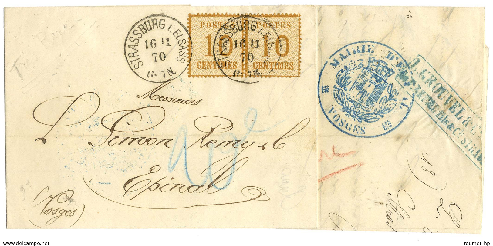 Càs STRASSBURG I. ELSASS / Als. N° 5 Paire Sur Lettre Pour Epinal, Au Recto Taxe 20 Au Crayon Bleu, Au Verso Cachet D'ar - Briefe U. Dokumente