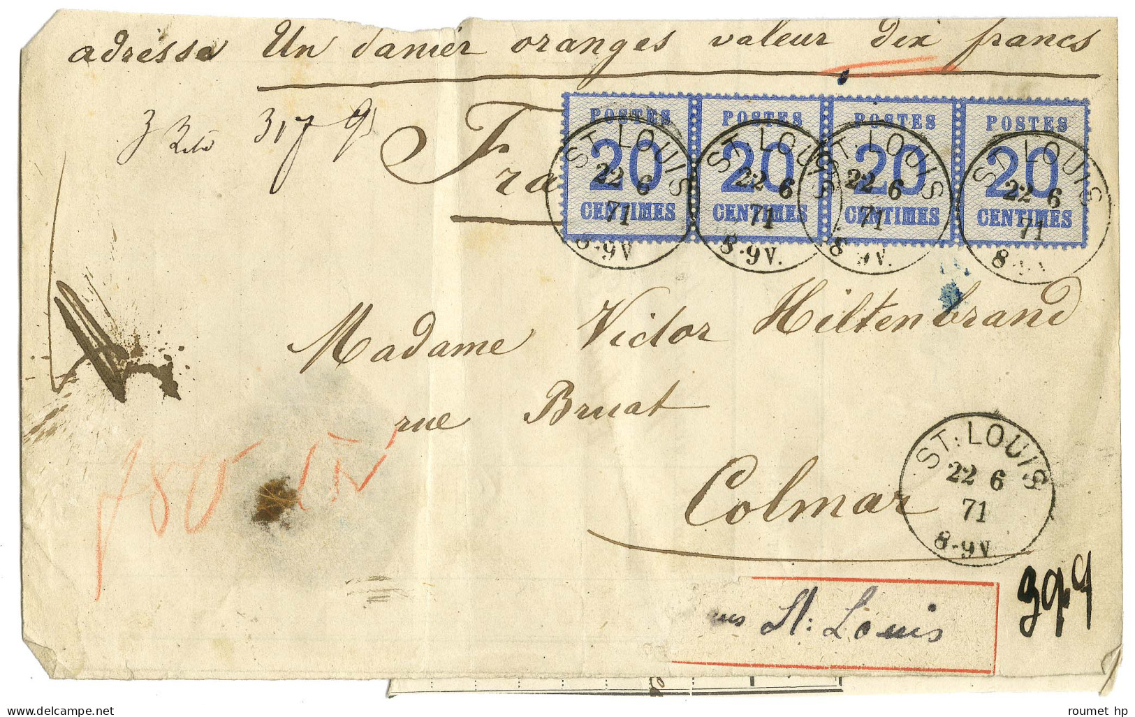 Càd ST LOUIS / Als. N° 6 Bande De 4 Sur Bande Recommandée Pour Colmar. 1871. - TB. - R. - Covers & Documents