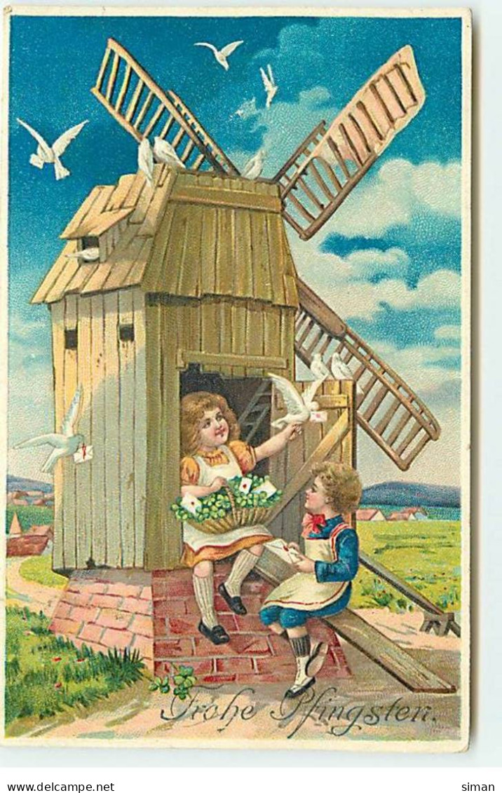 N°20524 - Carte Gaufrée - Fröhe Pfingsten -Enfants Assis Près D'un Moulin à Vent Avec Des Colombes Apportant Des Lettres - Pentecôte