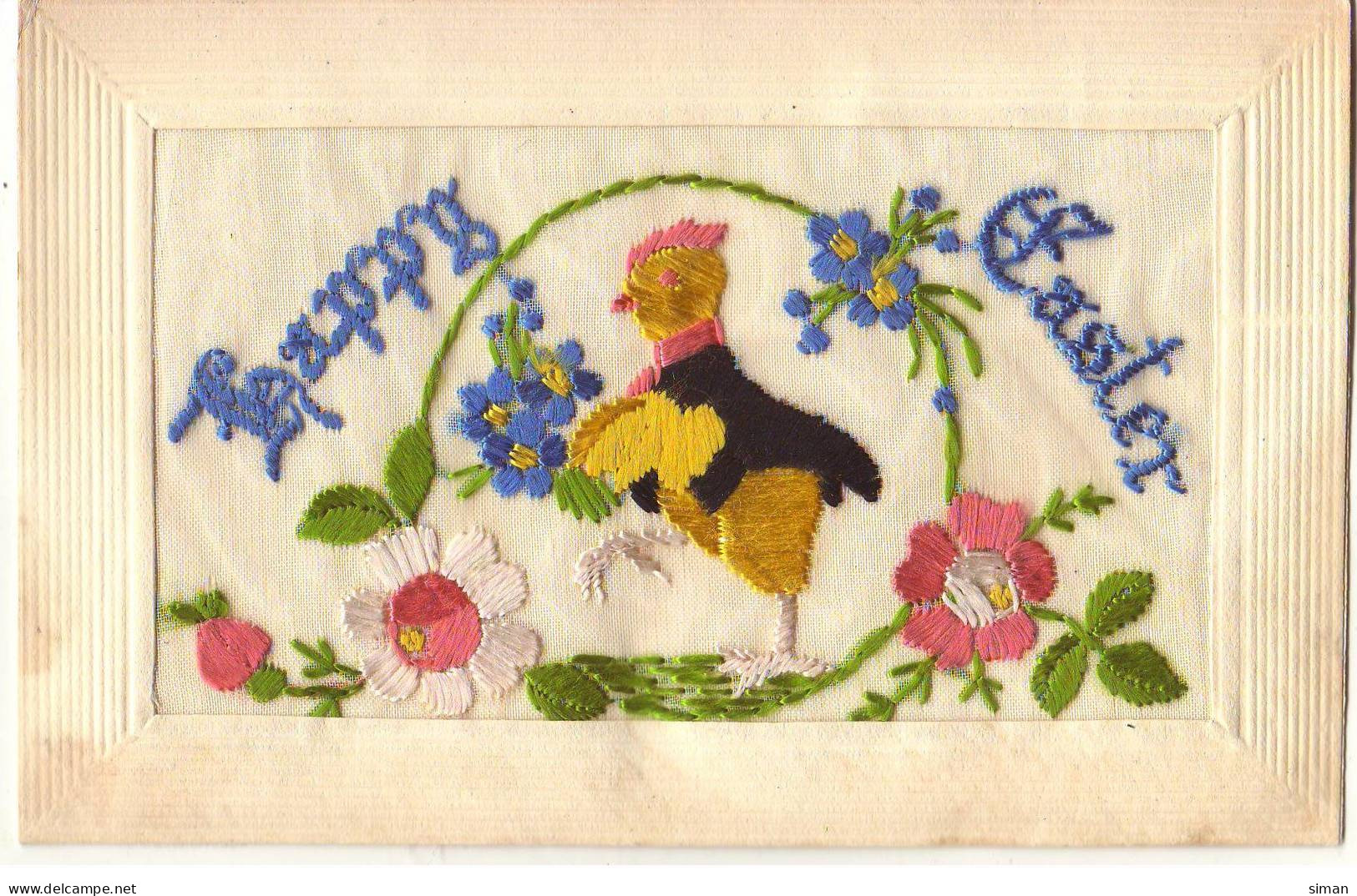 N°20501 - Carte Brodée - Happy Easter - Poussin Avec Des Fleurs - Brodées