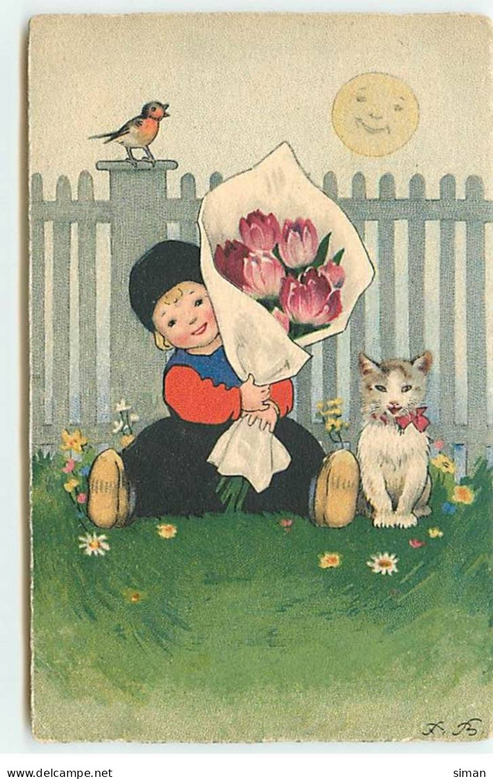 N°19417 - F. Baumgarten - Chat Assis à Côté D'un Enfant Assis Dans L'herbe, Portant Un Bouquet  De Tulipes - Baumgarten, F.