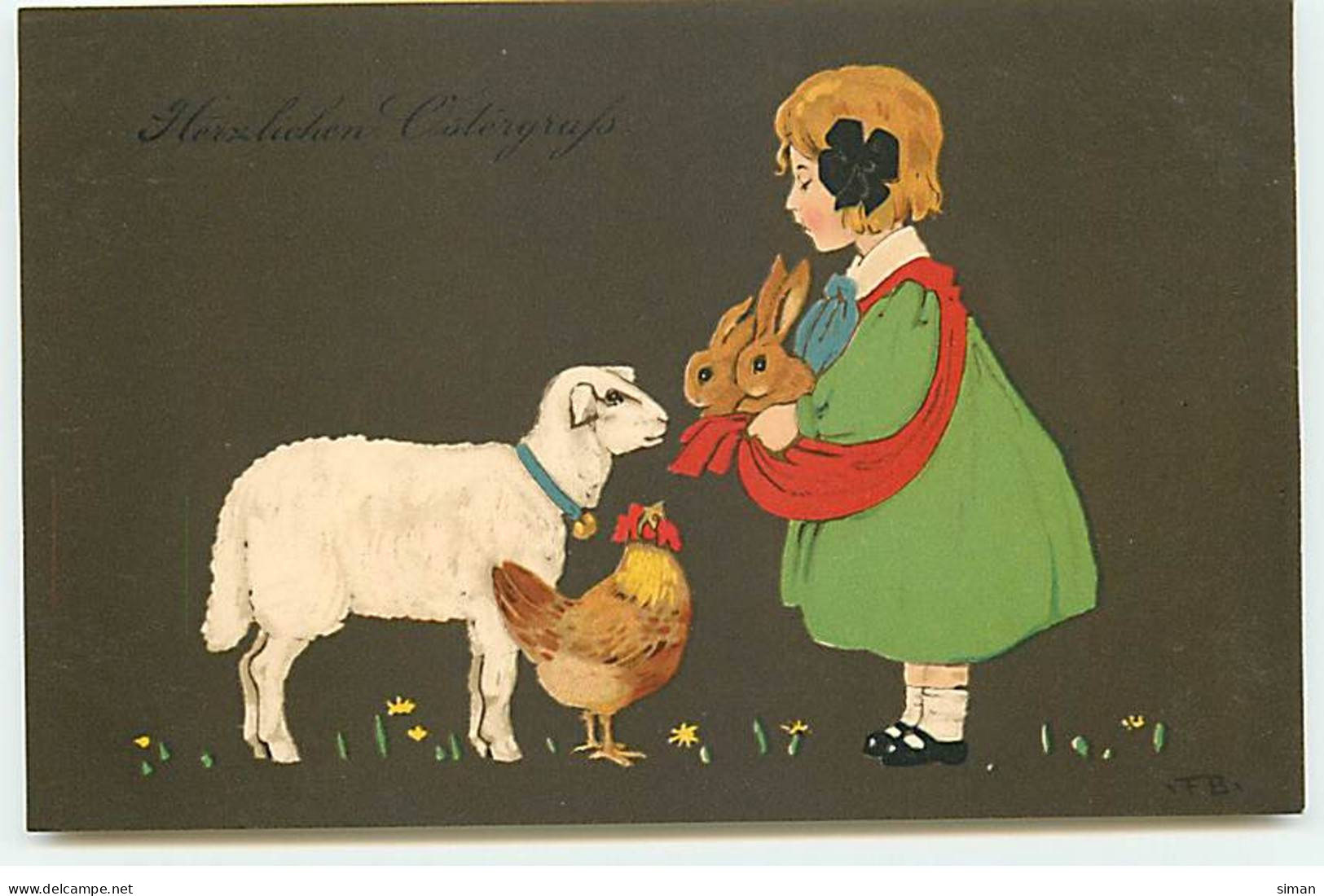 N°19416 - F. Baumgarten - Herzlichen Osterfruss - Fillette Portant Des Lapins, Devant Un Mouton Et Une Poule - Baumgarten, F.