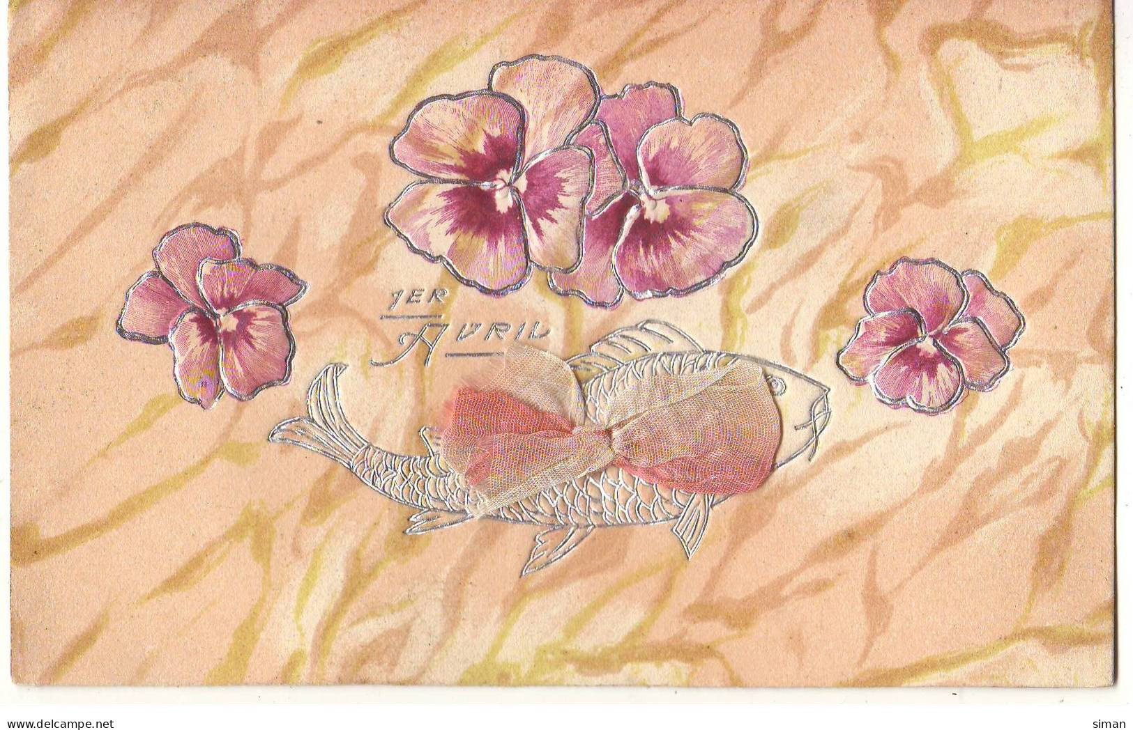 N°19433 - Carte Gaufrée - 1er Avril - Poisson Et Pensées (ruban De Tissus) - April Fool's Day