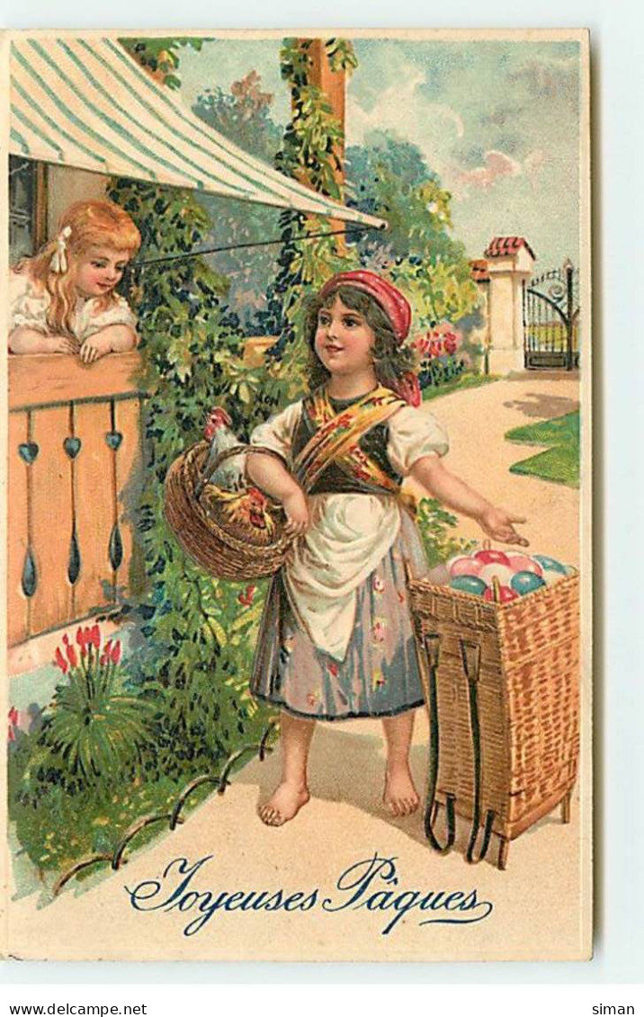 N°19364 - Carte Gaufrée - Joyeuses Pâques - Jeune Fille Vendant Des Oeufs à Une Autre - Pâques