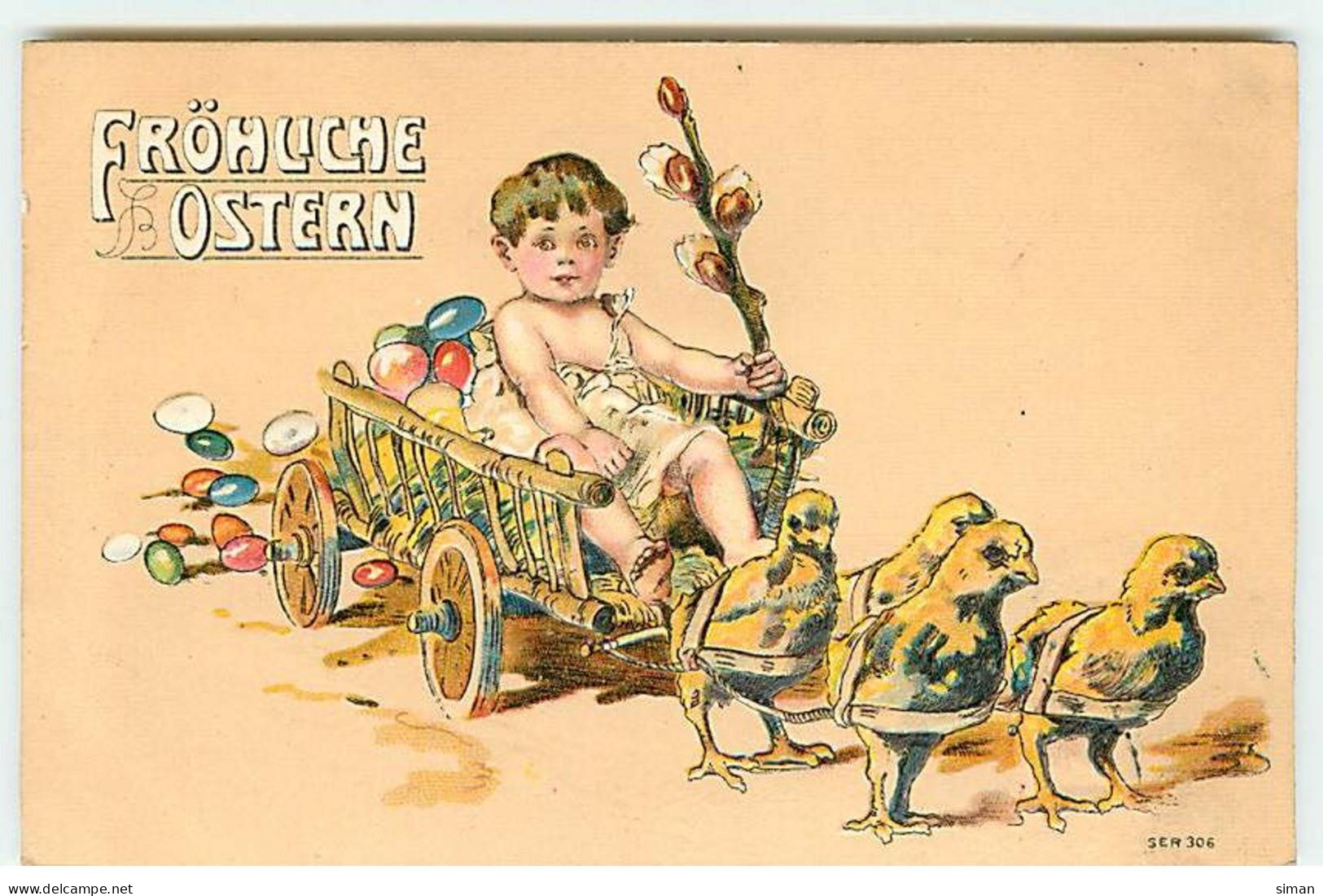 N°19362 - Carte Gaufrée - Fröhliche Ostern - Ange Dans Une Charette Remplie D'oeufs Tirée Par Des Poussins - Pâques