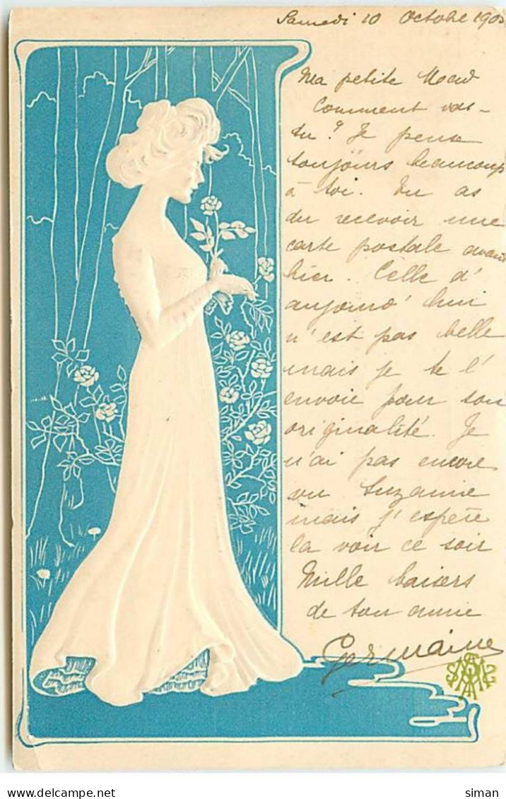 N°19425 - Carte Gaufrée - Art Nouveau - Jeune Femme De Profil Sentant Une Rose - Femmes