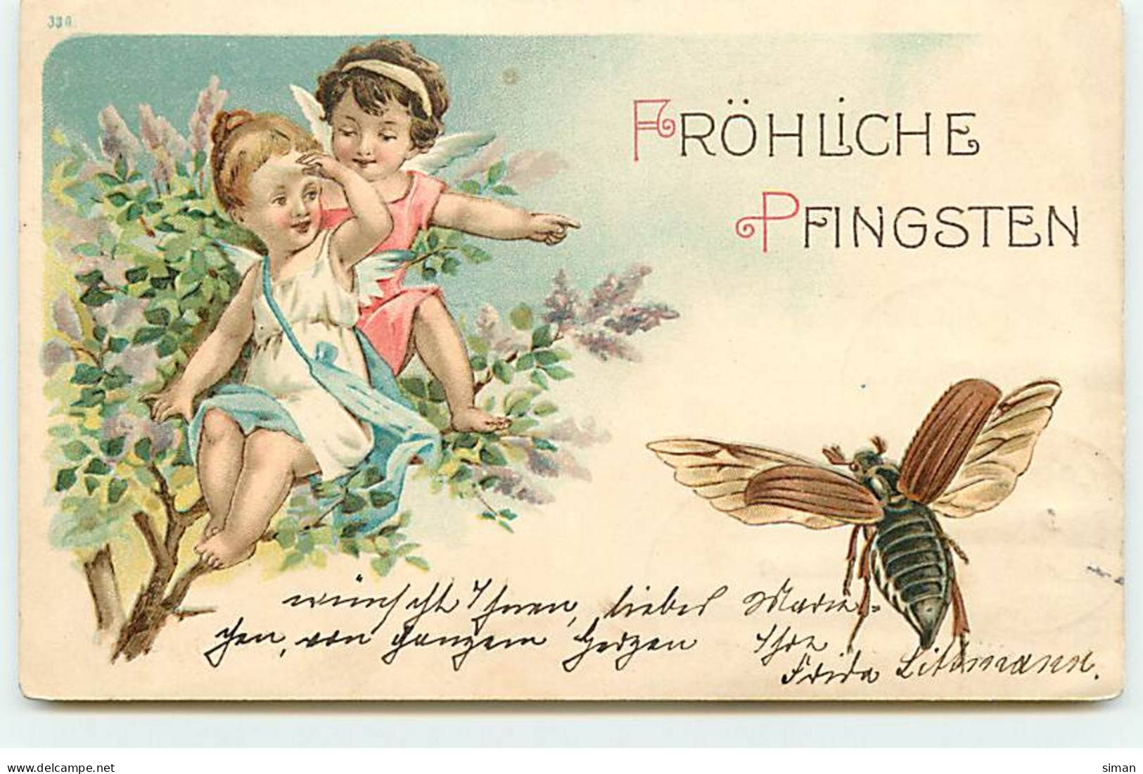 N°19396 - Carte Gaufrée - Fröhliche Pfingsten - Anges Regardant Un Hanneton - Pentecostés