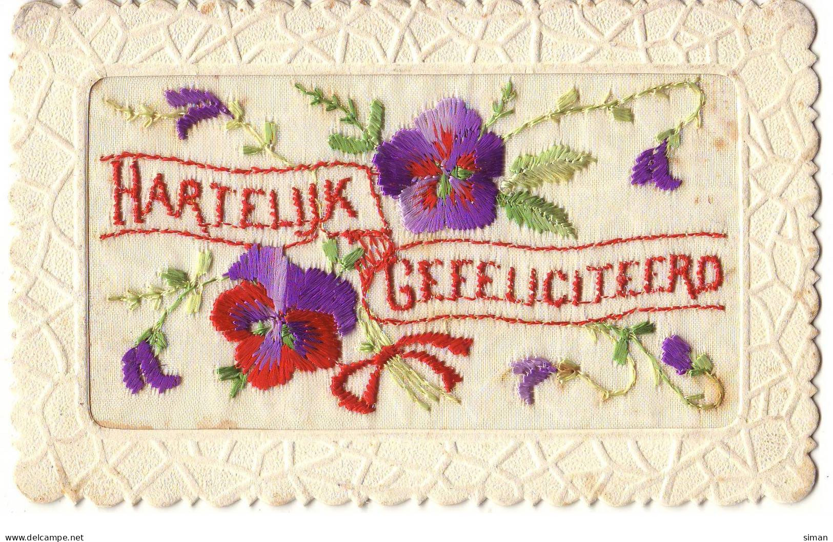 N°17301 - Carte Brodée - Hartelijk Gefeliciteerd - Pensées - Bordados