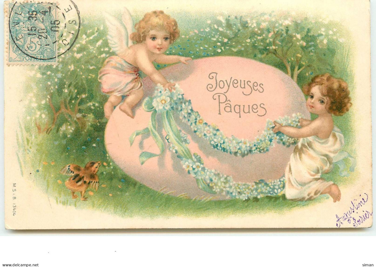 N°14973 - Joyeuses Pâques - Anges Décorant Avec Une Couronne De Myosotis Un Oeuf - Easter