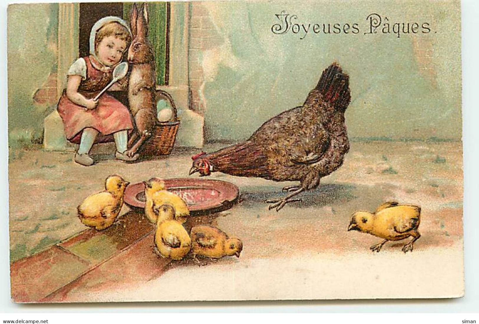 N°18328 - Carte Gaufrée - Joyeuses Pâques - Fillette Regardant Une Poule Et Des Poussins Manger - Easter