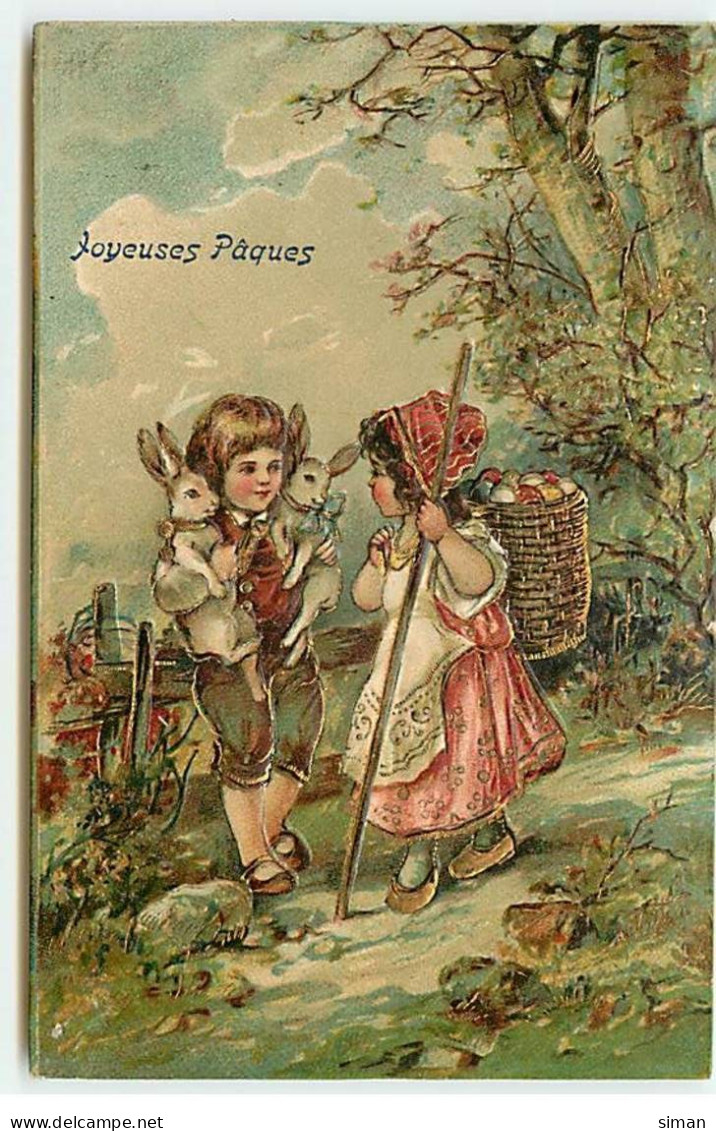 N°18327 - Carte Gaufrée - Joyeuses Pâques - Fillette Rencontrant Un Garçon Portant Des Lièvres - Easter