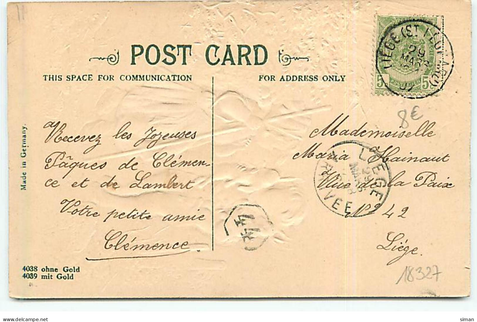 N°18327 - Carte Gaufrée - Joyeuses Pâques - Fillette Rencontrant Un Garçon Portant Des Lièvres - Pâques