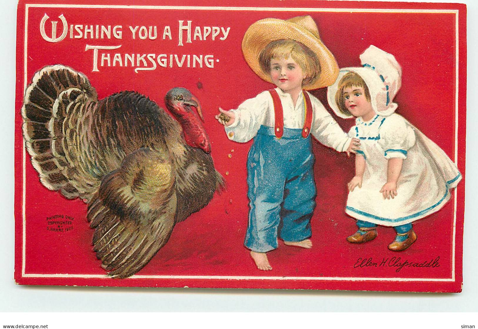 N°17327 - Carte Gaufrée - Clapsaddle - Wishing You A Happy Thanksgiving - Enfant Près D'une Dinde - Giorno Del Ringraziamento