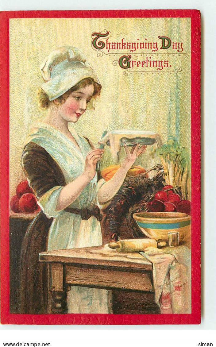 N°17328 - Carte Gaufrée - Frances Brundage - Thanksgiving Day Greetings - Jeune Femme Préparant Une Tarte - Giorno Del Ringraziamento