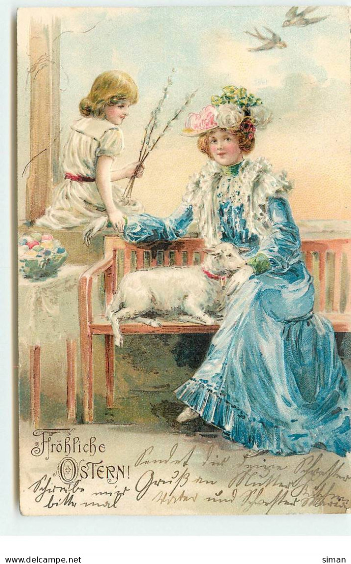 N°17332 - Carte Gaufrée - Fröhliche Ostern - Une Jeune Femme, Et Une Jeune Fille Près D'un Mouton - Easter