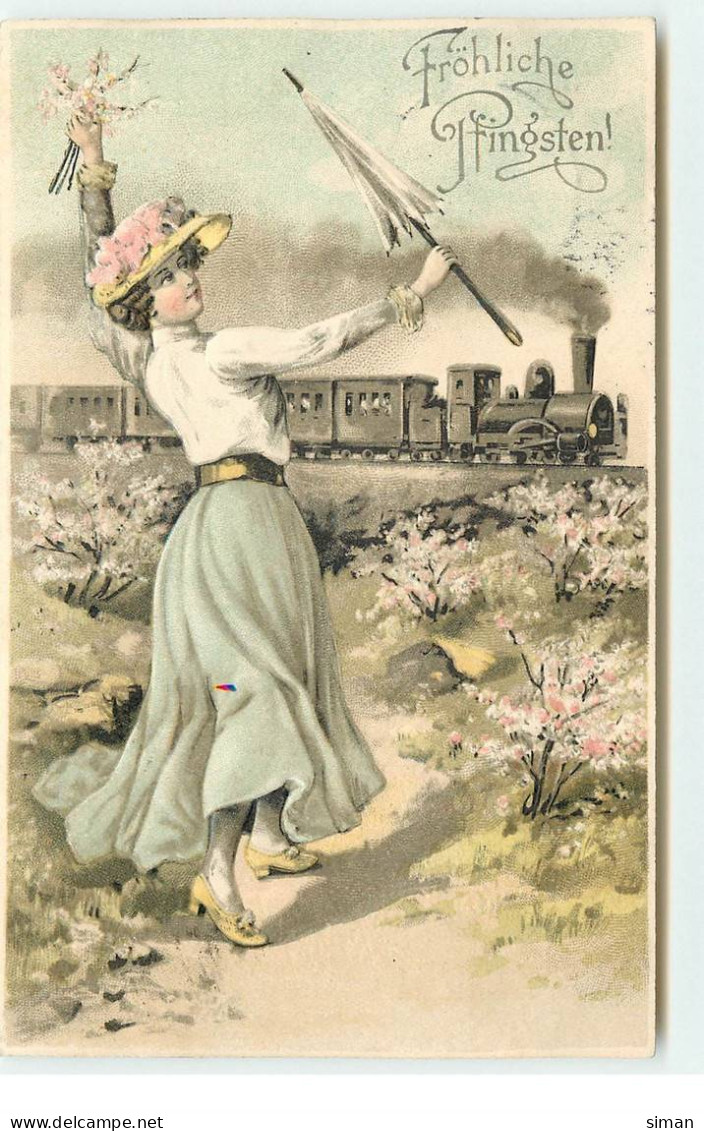 N°17337 - Carte Gaufrée - Fröhliche Pfingsten - Jeune Femme Saluant Un Train - Pentecoste