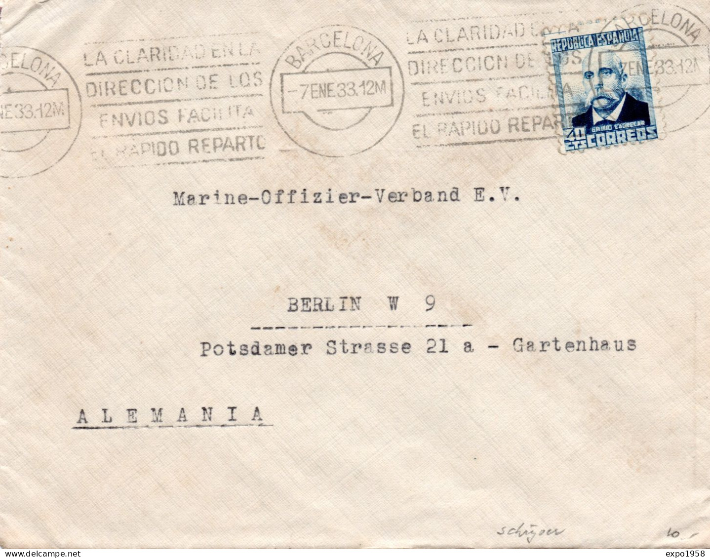 Enveloppe Barcelona To To Alemania / Marine Offizier Verband E.V. Potsdammer Strasse 21 A Gartenhaus - Berlin - Lettres & Documents