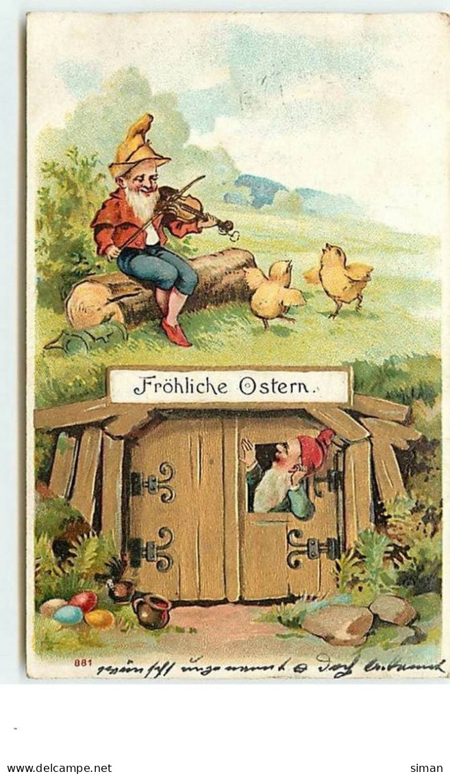 N°12789 - Carte Gaufrée - Fröhliche Ostern - Lutins, L'un Jouant Du Violon Pour Des Poussins - Easter