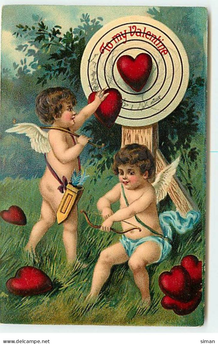 N°18343 - Carte Gaufrée - To My Valentine - Cupidons Accrochant Des Coeurs Sur Une Cible - Valentine's Day