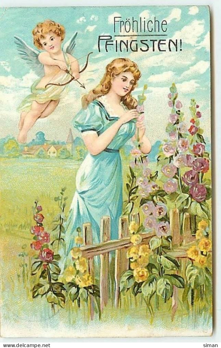 N°11676 - Carte Fantaisie - Fröhliche Pfingsten - Femme Et Angelot - Pentecôte