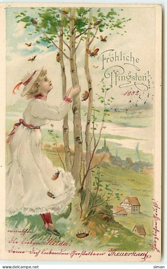 N°11678 - Carte Fantaisie - Fröhliche Pfingsten - Femme Et Hannetons - Pentecostés