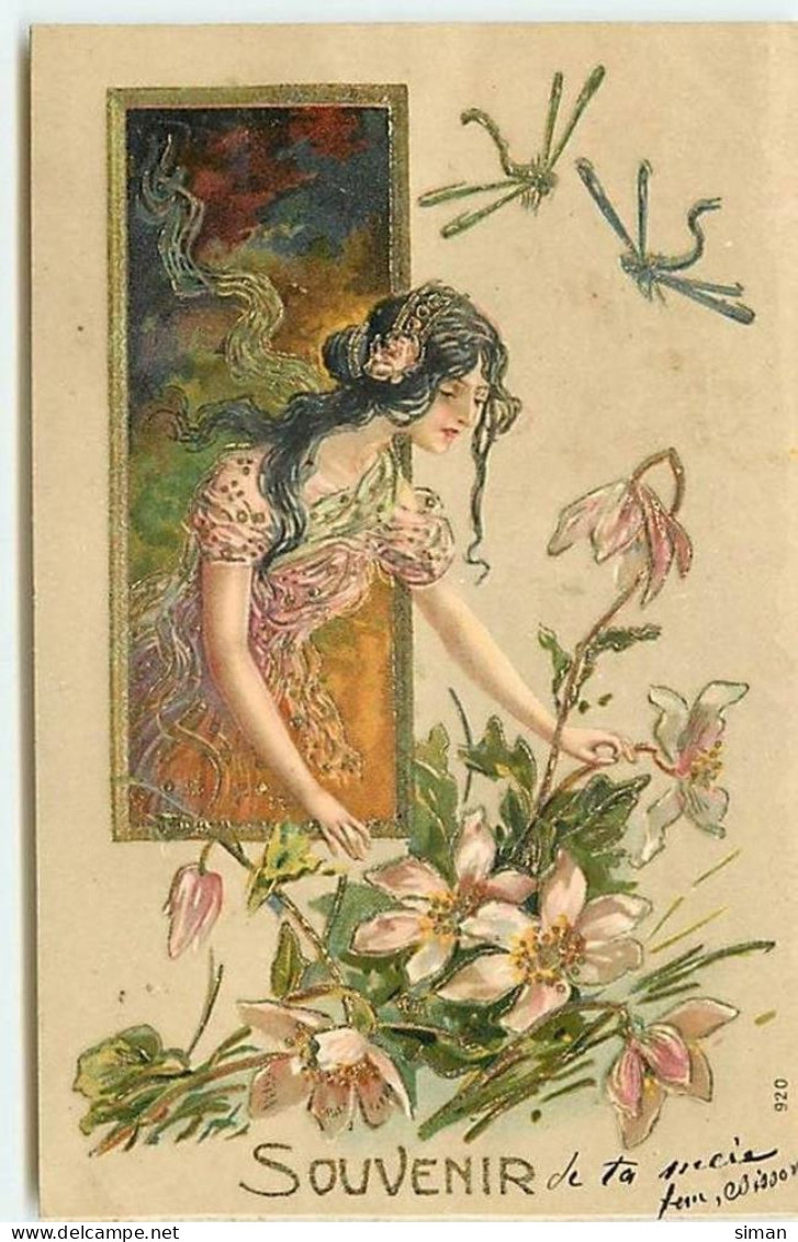 N°11688 - Carte Fantaisie Gaufrée - Femme Et Libellule - Autres & Non Classés