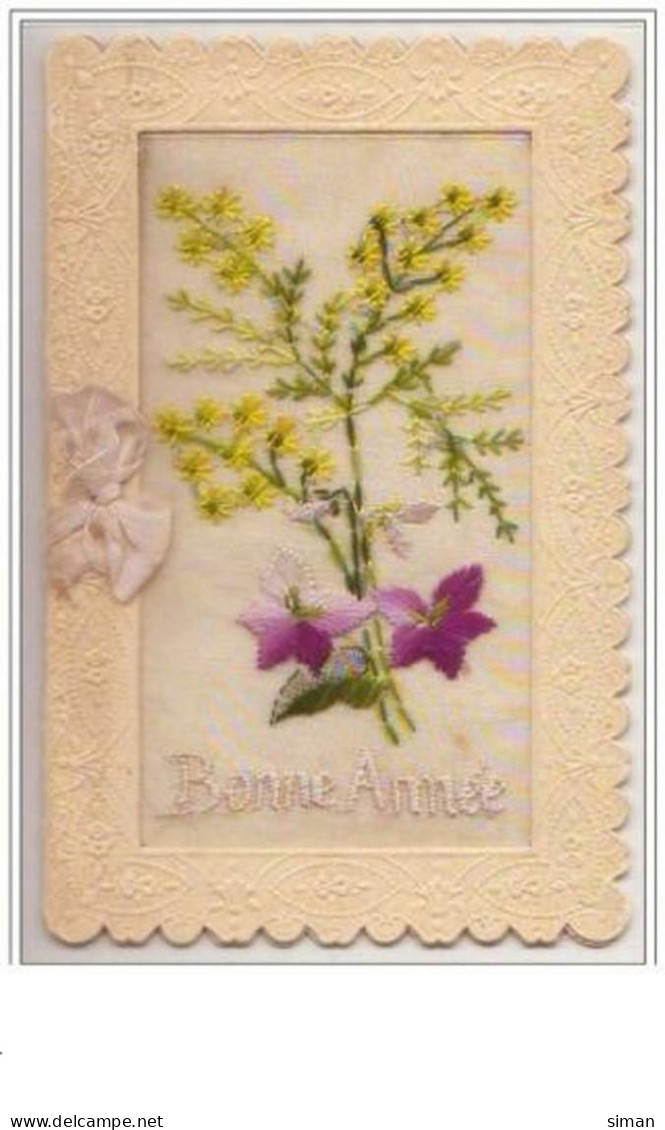 N°2405 - Carte Brodée Livret - Bonne Année - Mimosa - Embroidered