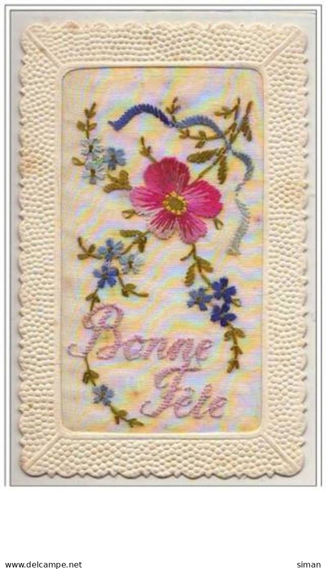 N°2404 - Carte Brodée - Bonne Fête - Fleur Rose - Embroidered