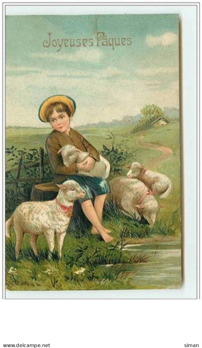 N°2427 - Carte Gaufrée - Joyeuses Pâques - Enfant Assis Et Moutons - Easter