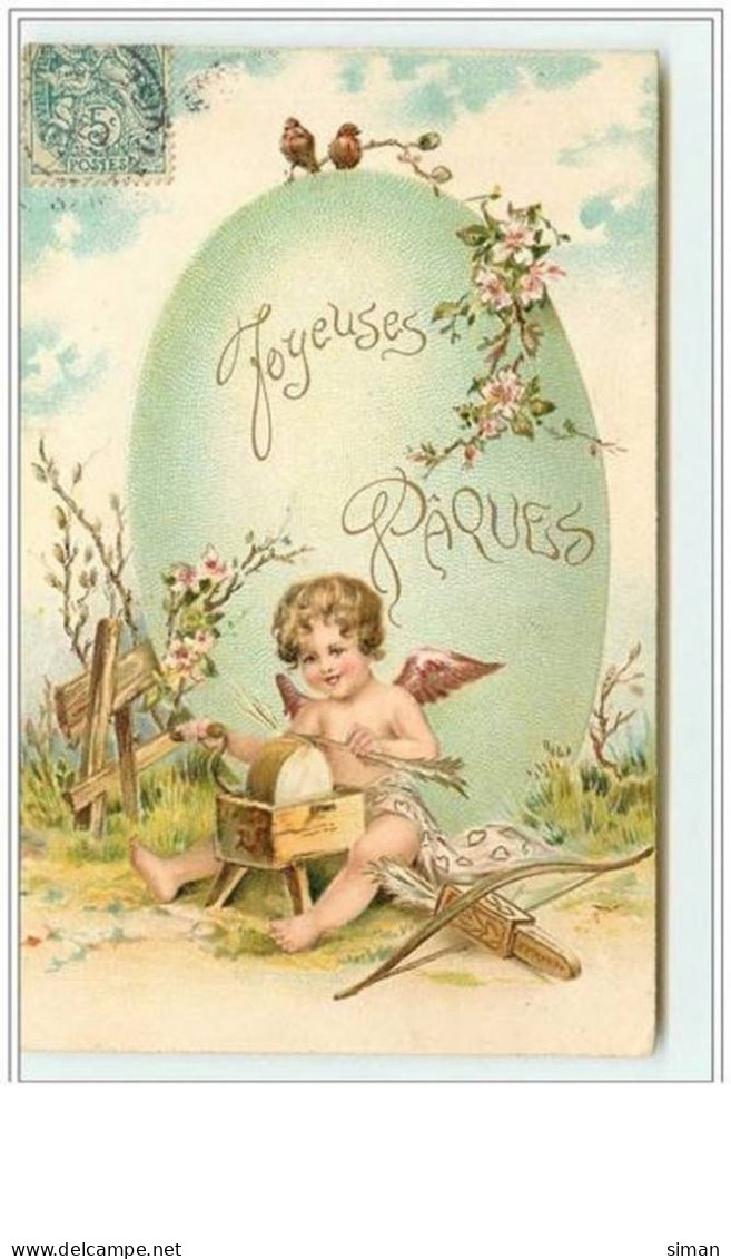 N°2428 - Carte Gaufrée - Joyeuses Pâques - Angelot Taillant Ses Flèches Devant Un Oeuf - Easter