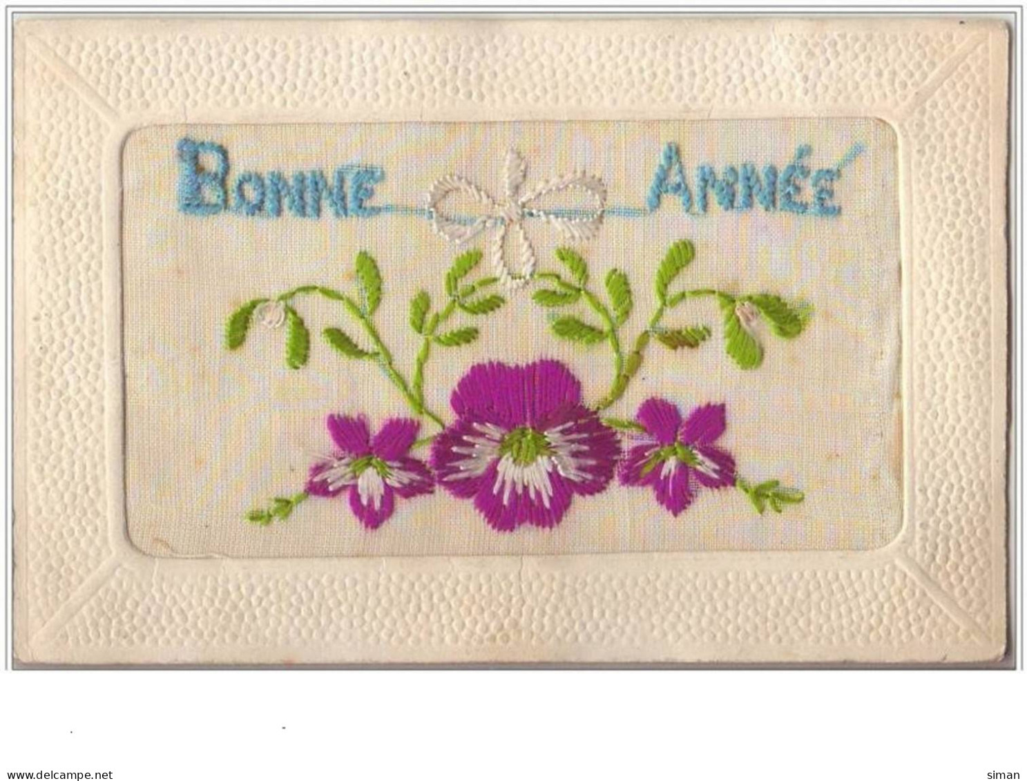 N°1903 - Carte Brodée - Bonne Année - Violettes - Embroidered
