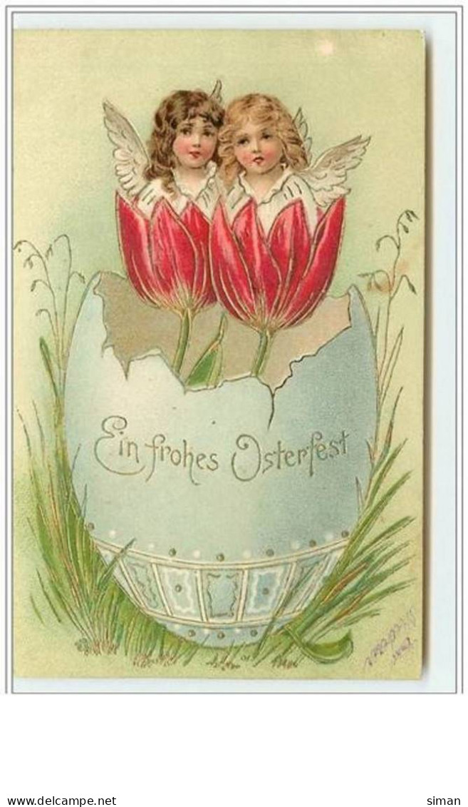 N°2433 - Carte Gaufrée - Ein Frohes Osterfest - Angelots Dans Des Tulipes - Easter