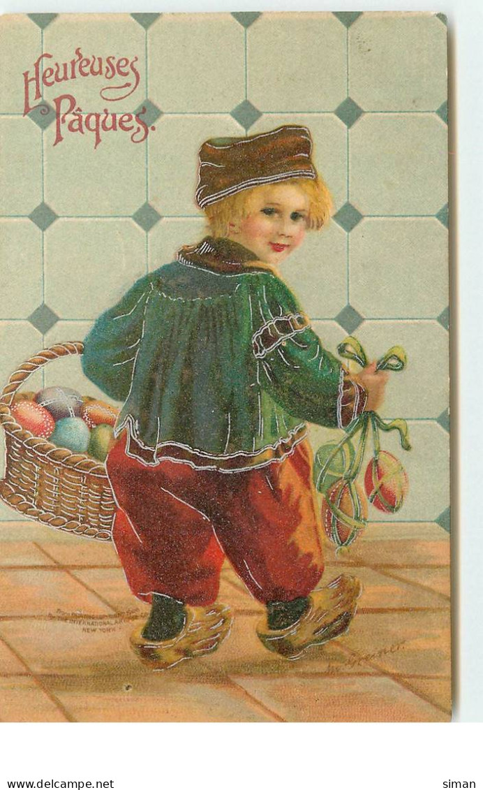 N°16109 - Heureuses Pâques - Clapsaddle - Enfant En Sabot Portant Un Panier Rempli D'oeuf - Easter