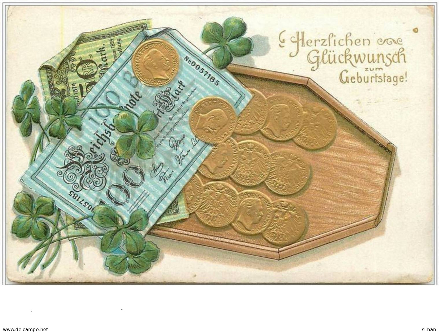 N°2532 - Carte  Gaufrée - Herzlichen Glückwunsch Geburtstage - Pièces De Monnaie Et Billets - Monedas (representaciones)