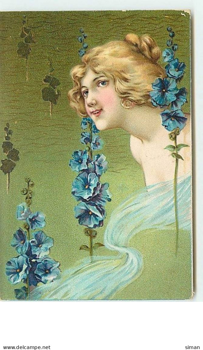 N°2000 - Portrait De Femme Et Fleurs Bleues - Women