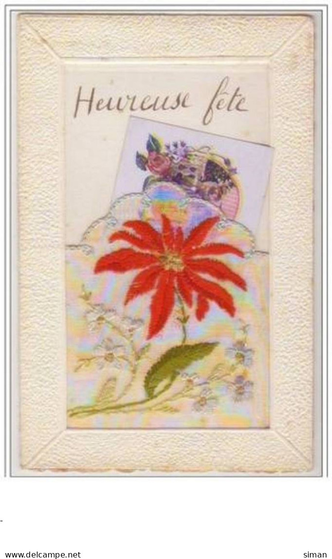 N°2555 - Carte Brodée - Heureuse Fête - Fleur Rouge - Brodées