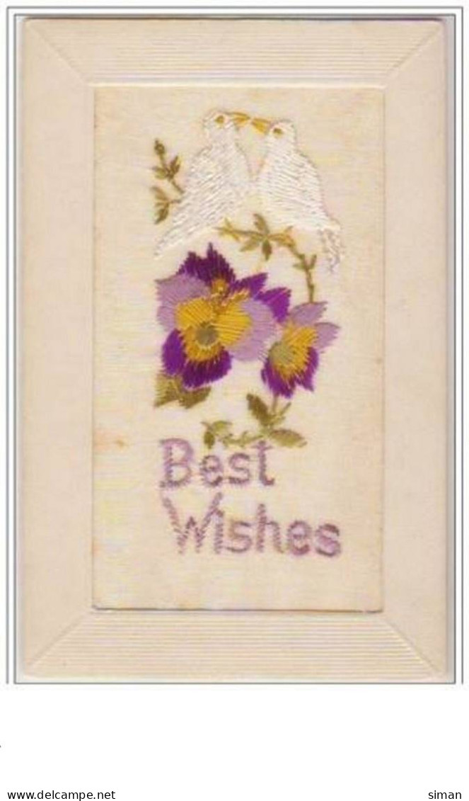 N°2553 - Carte Brodée - Best Wishes - Oiseaux Blancs Et Fleurs - Brodées