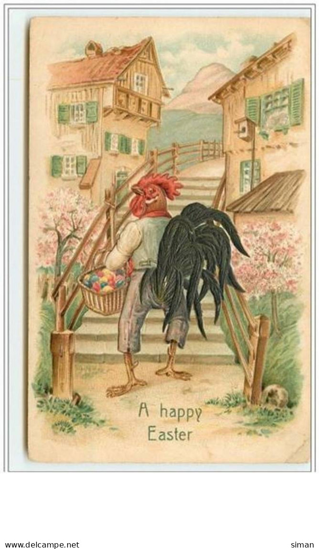 N°2594 - Carte Gaufrée - A Happy Easter - Coq Humanisé Montant Des Marches - Easter