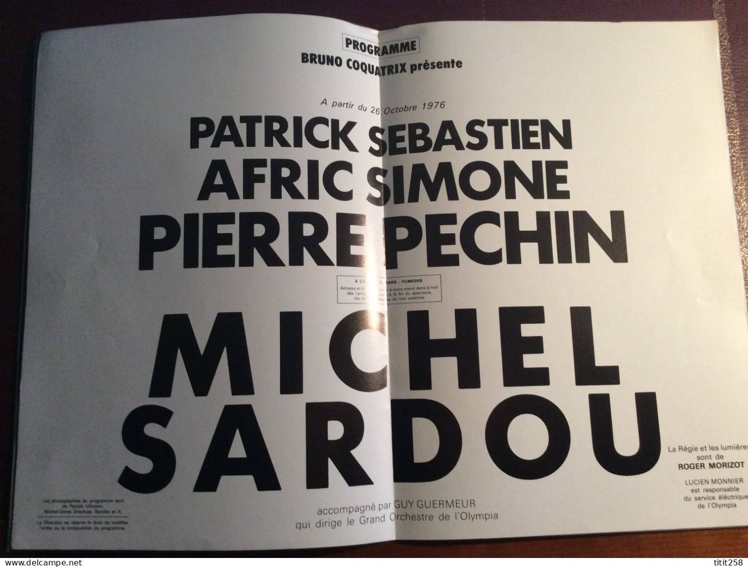 Programme MICHEL SARDOU Olympia / Patrick Sébastien / Afric Simone / Pierre Péchin 1976 - Programme