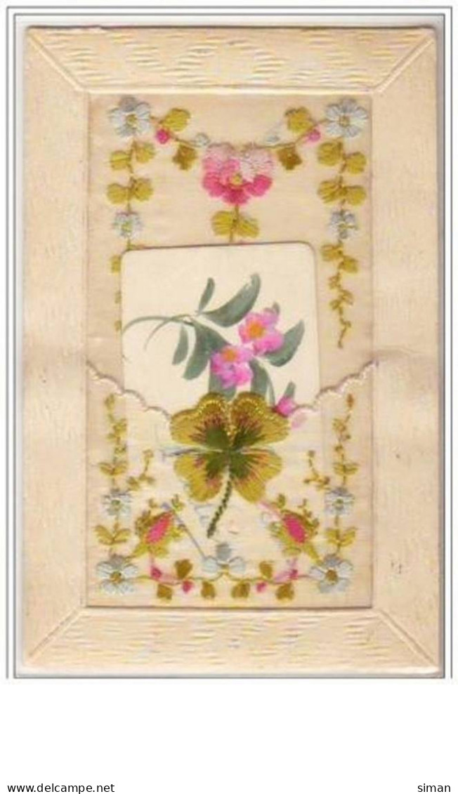 N°2055 - Carte Brodée Avec Pochette - Trèfle Et Fleurs - Ricamate