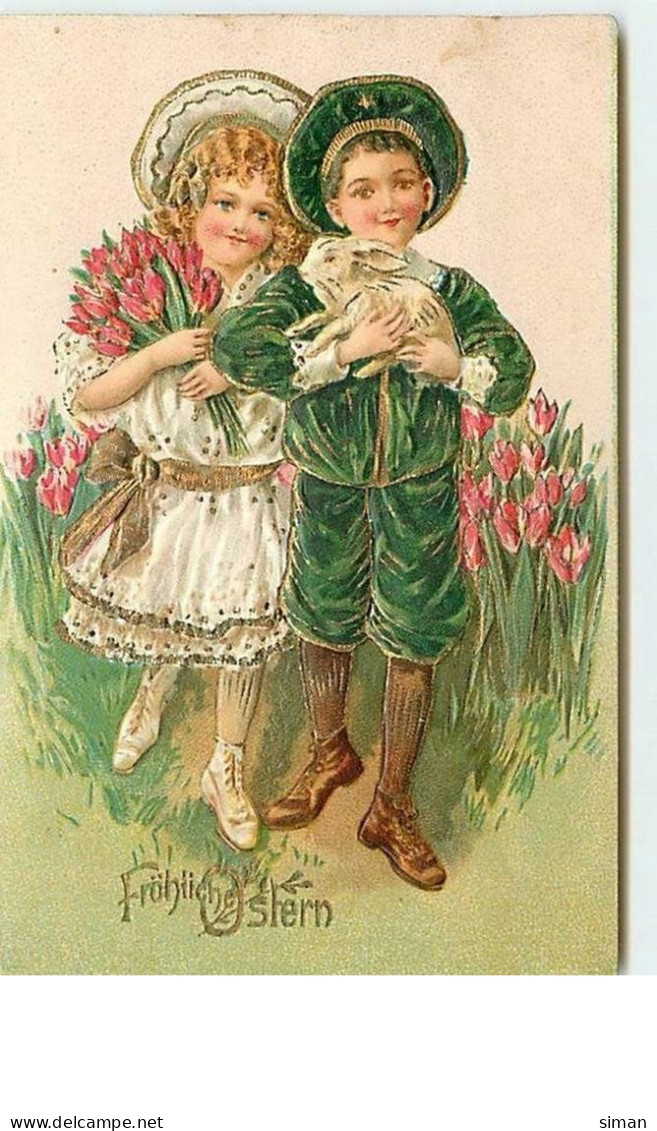 N°2656 - Carte Gaufrée - Fröhliche Ostern - Enfants Avec Un Lapin Dans Les Bras - Easter