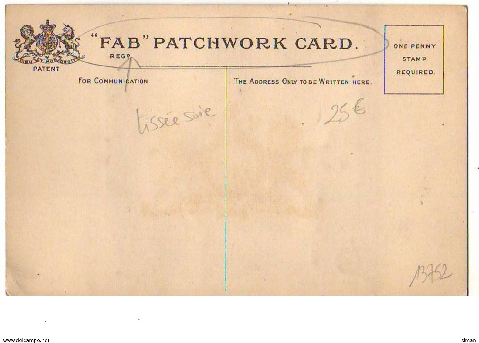 N°13752 - Carte Brodée Tissée Soie - Fab Patchwork Card - Ecusson Avec Un Lion Et Une Licorne - Brodées