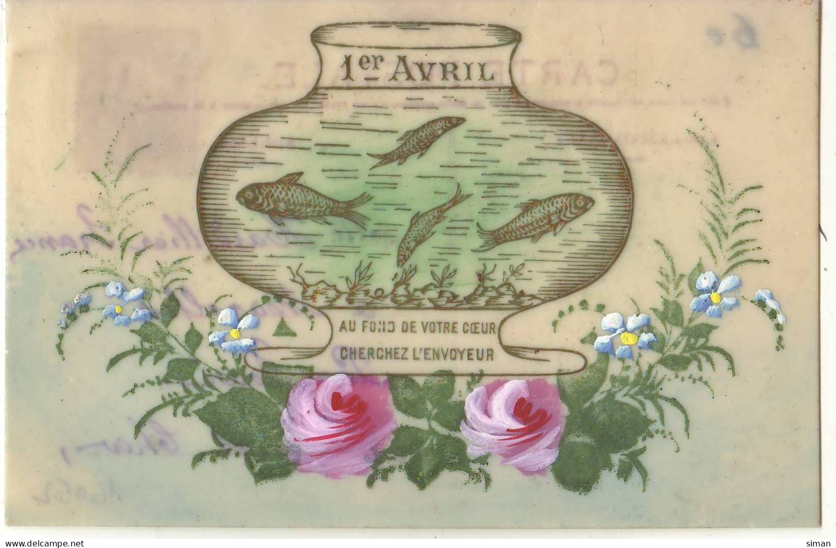 N°16052 - Carte Celluloïd - 1er Avril - Au Fond De Votre Coeur Cherchez L'envoyeur - Poissons Dans Un Bocal - 1 De April (pescado De Abril)
