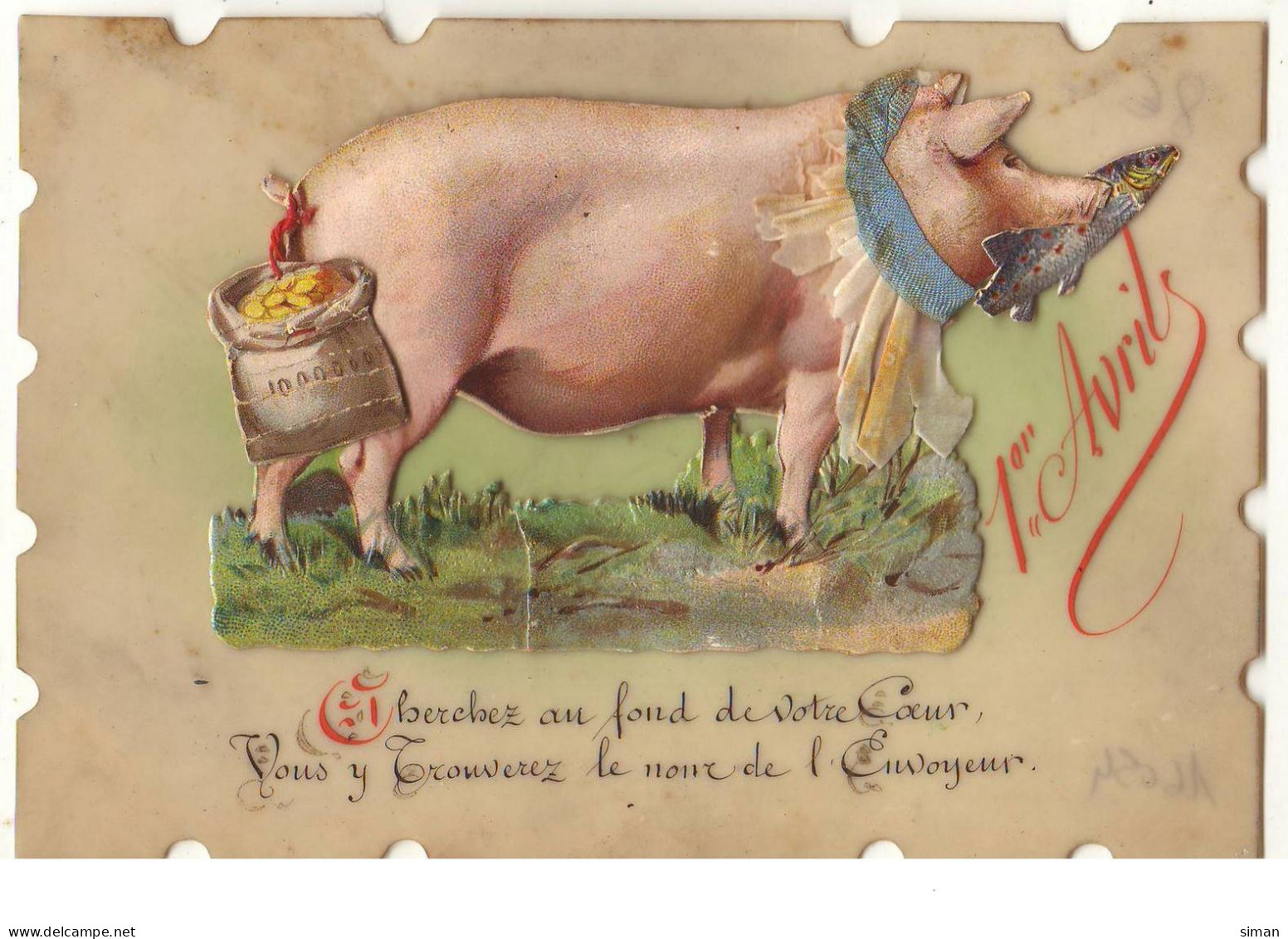 N°16054 - Carte Celluloïd Et Chromo- 1er Avril - Cherchez Au Fond De Votre Coeur ... - Cochon - 1° Aprile (pesce Di Aprile)