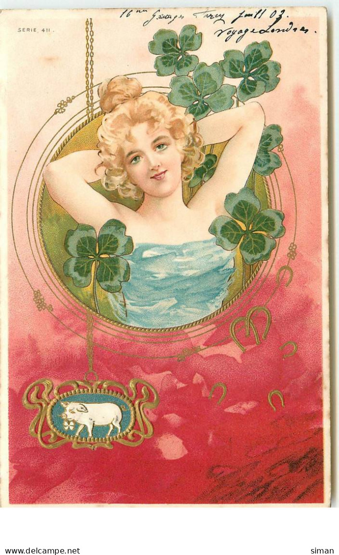 N°16004 - Carte Gaufrée - Art Nouveau - Jeune Femme Dans Un Médaillon Avec Des Trèfles - Women