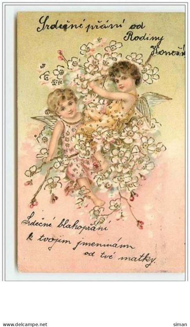 N°2158 - Carte  Gaufrée - Angelots Dans Des Fleurs Blanches - Angels